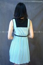 เดรสแขนกุด ผ้าหนังไก่เบาสบาย แต่งกระโปรงพลีท