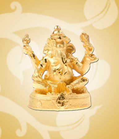 พระพิฆเนศปางนั่งประทานพร องค์เล็กสีทอง เลี่ยมกรอบทองเหลืองพร้อมแหนบสแตนด์เสล