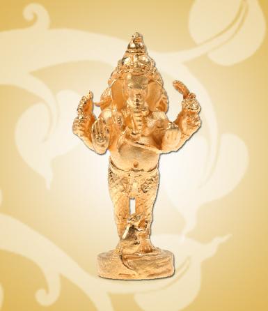 พระพิฆเนศปางยืน องค์เล็กสีทอง เลี่ยมกรอบทองเหลืองพร้อมแหนบสแตนด์เสล
