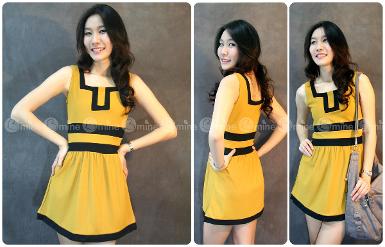 เดรสสีเหลืองมัสตาร์แขนกุด แต่งแถบสีดำช่วงอก