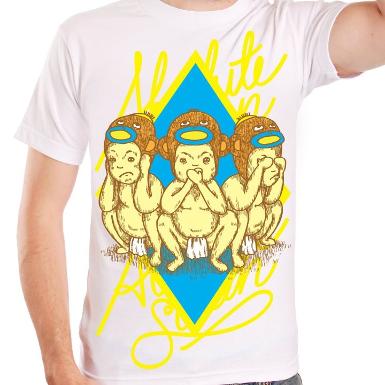 เสื้อยืด t-shirt สีขาว ลายปิดหูปิดตาปิดปาก ผ้าcotton100% 