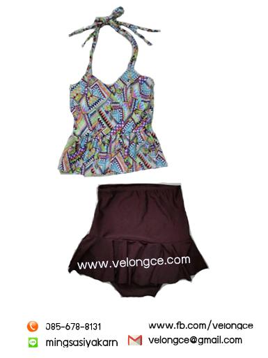 ชุดว่ายน้ำเอวสูง เสื้อลายสวมผูกคอ คู่กระโปรงสีพื้น เนื้อผ้า spendex Free size ชุดว่ายน้ำเอวสูง เสื้อลายสวมผูกคอ คู่กระโปรงสีพื้น เนื้อผ้า spendex Free size