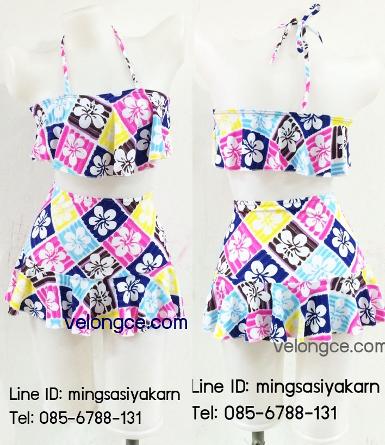 ชุดว่ายน้ำเอวสูง 2 ชิ้น รุ่น 051 เสื้อลายสั้นผูกคอ กระโปรงลายเอวสูงระบาย free size ชุดว่ายน้ำเอวสูง 2 ชิ้น รุ่น 051 เสื้อลายสั้นผูกคอ กระโปรงลายเอวสูงระบาย free size