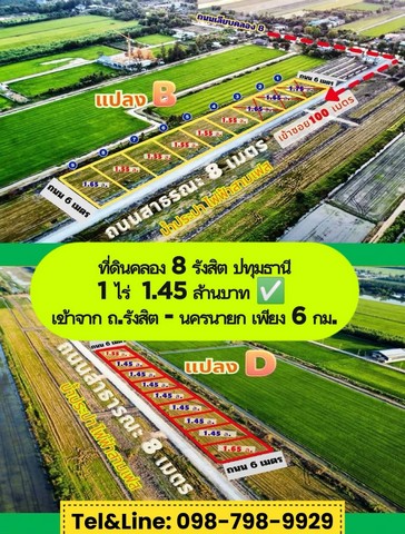 ที่ดินคลอง8 รังสิต เข้าจาก ถ.รังสิตนครนายก เพียง 6 กม.